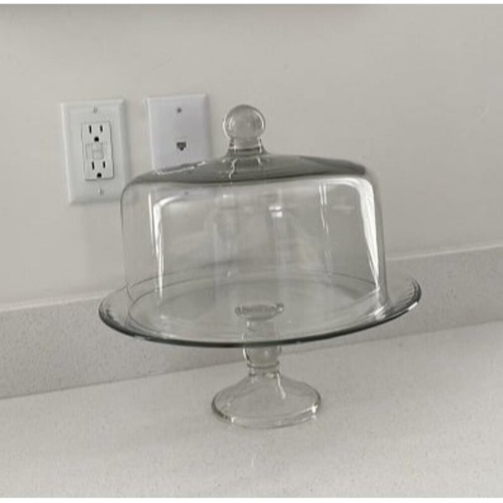 New Selene Glass Cake Stand with Dome Lid, Elegant Curved Footed Glass Cake